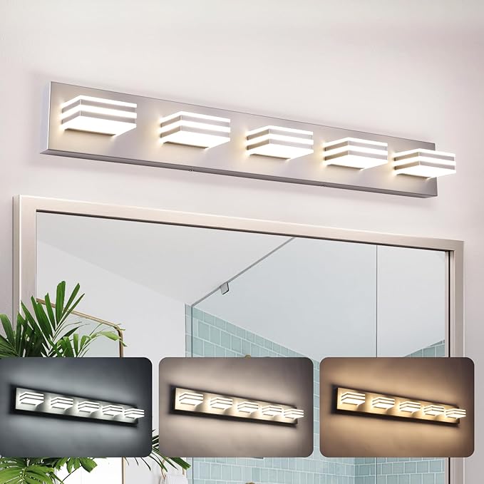 LED Wall Brushed Nickel Vanity Lights for Bathroom Light Fixtures 30W Adjust 3 Colors Modern Bath Lighing Over Mirror LED Vanity Light (5-Light,34inch)