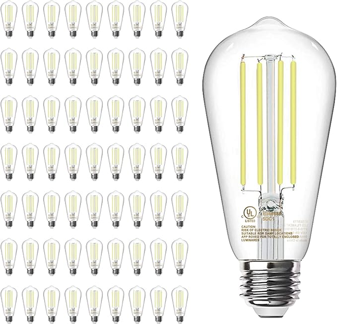 TJOY 64 Pack Vintage Edison LED Light Bulbs, Dimmable, 60W Equivalent, E26 Medium Base, 5000K Daylight, ST58, 8W, 800LM, Ultra-Bright, 80+CRI, Antique Decorative Filament, Clear Glass