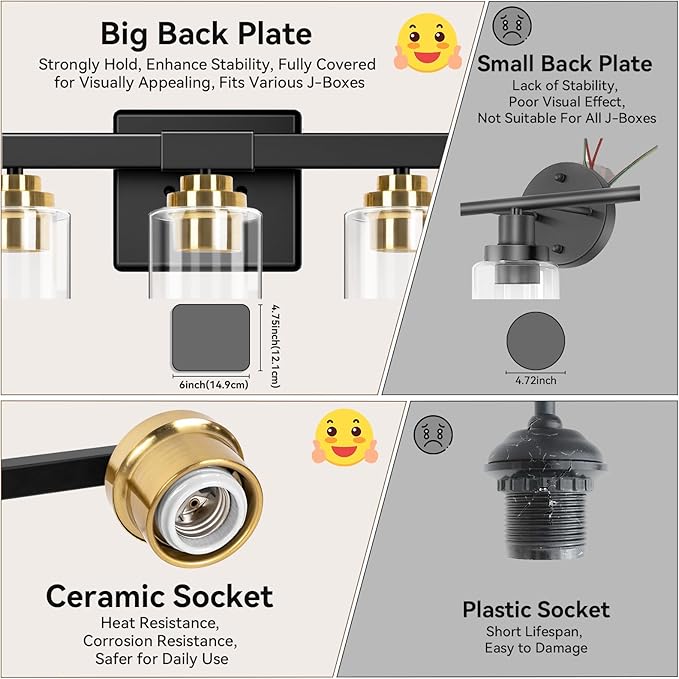 5-Light Bathroom Light Fixtures, 31" Modern Vanity Lights Over Mirror with Clear Glass Shades, Black & Gold Light Fixture, Classic Wall Light Fixture for Mirror Living Room Cabinet Bedroom Porch