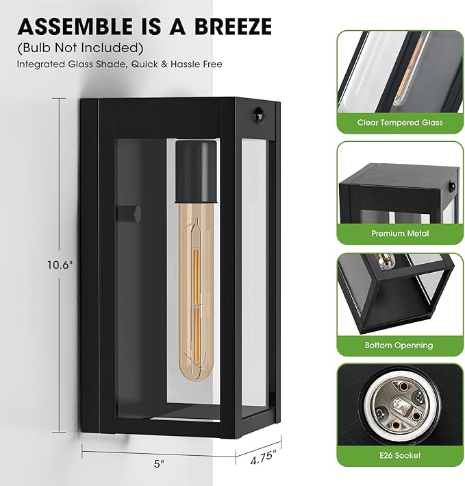 10.6" Motion Sensor Outdoor Wall Sconce Lights 2Pack, Dusk to Dawn Black Exterior Lighting Fixtures with 3 Lighting Modes, Front Porch Lights Outdoor Garage Lighting Fixtures Wall Mount for House