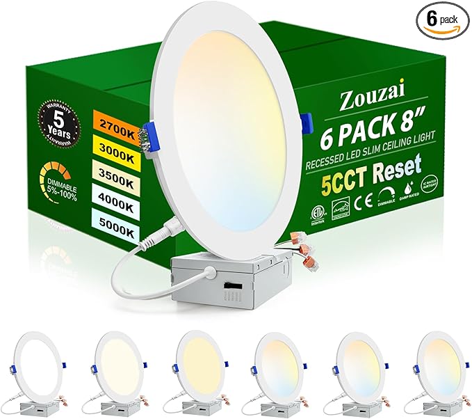 zouzai 8 Inch Ultra-Thin LED Recessed Ceiling Light with Junction Box, 18W (150W Eqv), 1620LM, Dimmable 5CCT 2700K/3000K/3500K/4000K/5000K Selectable, ETL & Energy Star Certified【6 Pack】