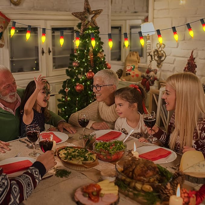 Abeja 12 Pack Flame Lights Bulb, Red &Yellow Flame Shaped Bulb for Candle Lamps, Outdoor C18 String Light, C7/E12 Candelabra Base Night Light Bulbs, 7 Watt, 120 Volt- Red/Yellow