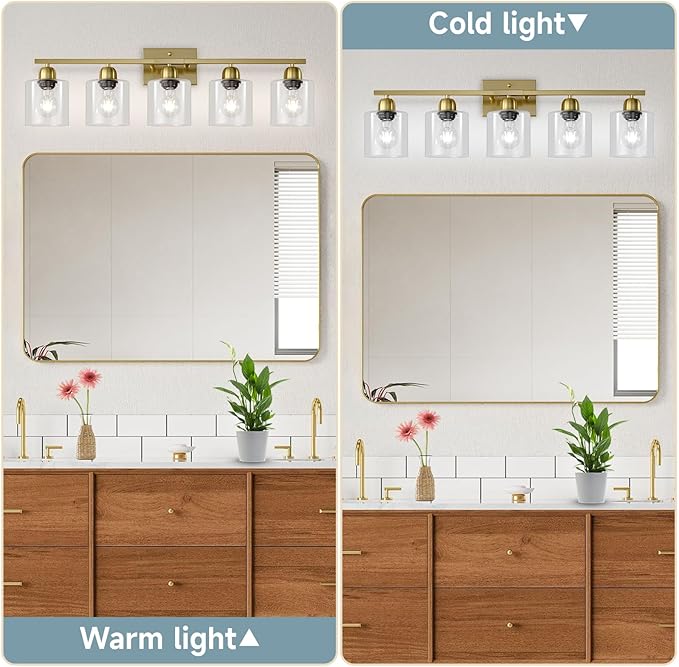 Modern Brushed Gold 5 Light Bathroom Vanity Light,31 inch Vanity Lights for Bathroom with Clear Glass for Mirror Kitchen Living Room Hallway Cabinet Porch