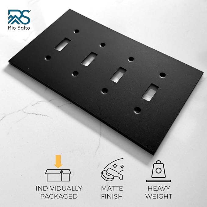 RIO SALTO Modern Metal Matte Black Quad Toggle Light Switch Cover Metal Decorative Toggle Switch Covers Wall Plate Outlet Cover Black Wall Electric Outlet Socket Quad Togle - Midsize 4 Gang