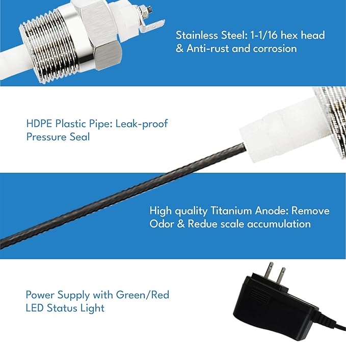 Powered Anode Rod for Hot Water Heater, Eliminate Sulfur Odor, Prevent Corrosion, Extend Lifespan, Easy to Install for Water Heaters and Well Water Systems (Model B)