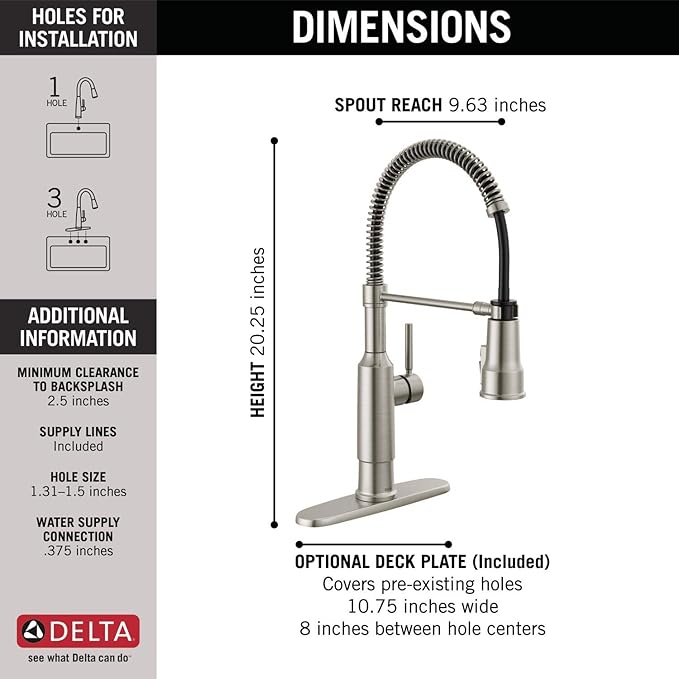 Delta Theodora Pro Style Commercial Kitchen Faucet with Pull Down Sprayer, Brushed Nickel Single Hole Kitchen Sink Faucet, Single Handle, Spotshield Stainless 18804Z-SP-DST