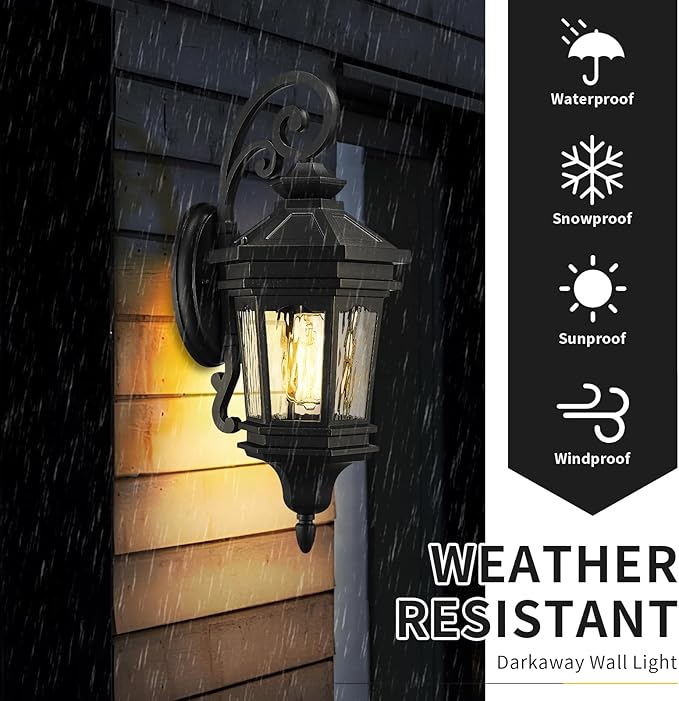 Darkaway Outdoor Wall Light, 22.6inch Large Outside Wall Sconce Light Anti-Rust Waterproof Aluminum with Water Ripple Glass for Patio Yard Doorway Garage