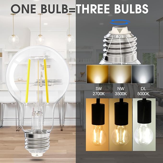 Energetic 3CCT E26 LED Filament Light Bulb, (2700K/3500K/5000K) 3 Color Temperature Selectable, 6.5W, 60W Equivalent, Dimmable, 760LM, Classic Clear Glass A19 LED Light Bulb, UL Listed, Pack of 6