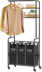 Laundry Sorter 3 Section,Laundry Hamper Cart with Hanging Rack & Removable Bags,Heavy Duty Laundry Basket with Wheels & 2 Tier Shelf,Space-Saving Laundry Basket Organizer for Laundry Room