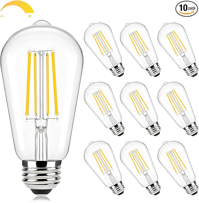 Brightever Edison Light Bulbs 60W Equivalent, Dimmable LED Bulb, 7W, 850LM E26 Vintage Light Bulbs 2700K Warm White, 90+CRI, ST58 Clear Glass Antique Filament LED Bulb for Home, 10 Pack