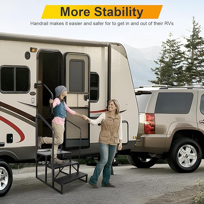 RV Steps with Handrail, Hot Tub Steps with Handrail, Portable Stairs Steps for 5th Wheel RV, Mobile Home Stairs Outdoor RV Step (3 Steps with 2 Handrails)