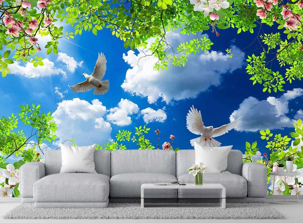 Green Plants Wrapped in Pigeons Flying Freely Under The Blue Sky and White Clouds Wallpaper for Large Background Wall murals(Non-self-Adhesive)