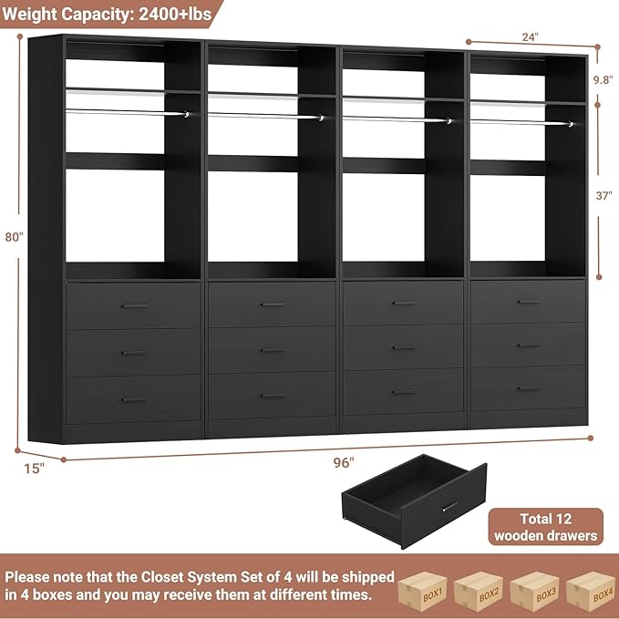 Closet System Set of 4, 8FT Closet Systems with 12 Wood Drawers, 96" Closet Organizer System with 4 Hanging Rods & 4 Shelves, Heavy Duty 96 Inch Walk-in Closet, Black (96"L x 15" W x 80" H)