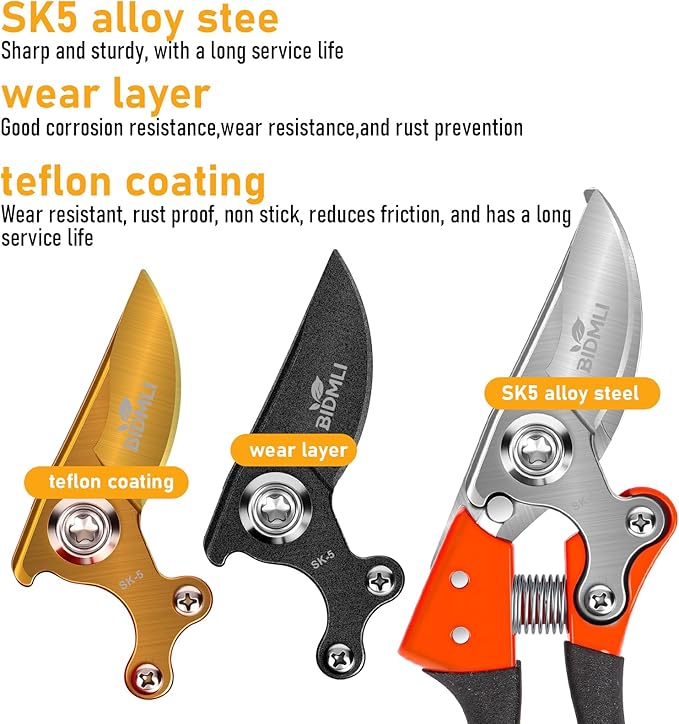 Heavy Duty Pruning Shears，Garden Scissors & Clippers with Red-BIDMLI 8.66" SK5 Steel Blades & Aluminum Alloy Handles, Tree Branch Cutter, Ideal for Thick Branches, Dry Twigs, Flower Pruning Tool.