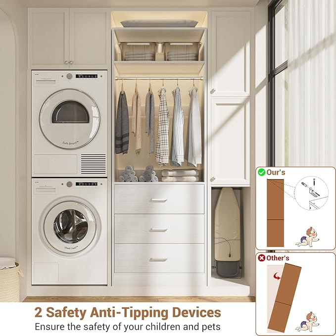 Freestanding 2FT Closet System with 3 Wood Drawers, 24" Closet Organizer System with Hanging Rod & Shelves, Walk-in Closet Systems for Small Closets, White (24"L x 15" W x 80" H)