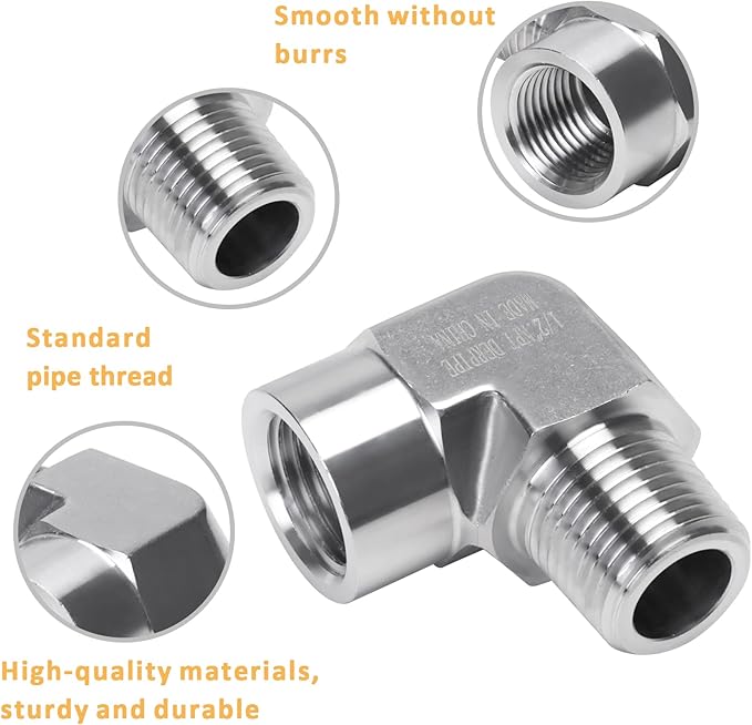 90 Degree Street Elbow - 1/2" NPT Male to 1/2" NPT Female Stainless Steel 304 Heavy Duty Forged Barstock Street Elbow Adapter Pipe Fitting (pack of 5)