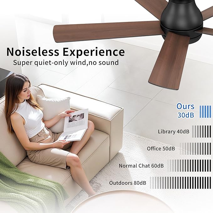 52 Inch Black Ceiling Fans with Lights and Remote, LED Low Profile Flush Mount Ceiling Fan for Bedroom, Living Room, with Quiet DC Motor, Dimmable 6 Speeds