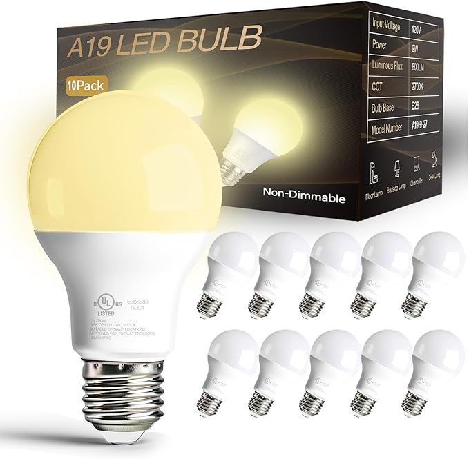 dalattin A19 LED Light Bulbs 60 Watts Equivalent Bulbs,800 LM,Non-Dimmable,Efficient 9W Energy Saving Lights for Living Room,Office,80+ CRI,120V,UL Listed (Soft White 2700k, 10 Counts)