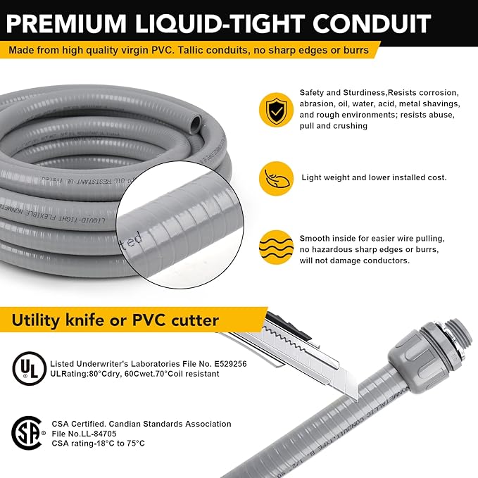 1-1/2(1.5) 50ft Liquid-Tight Conduit and Connector Kit,Flexible Non Metallic Liquid Tight Electrical Conduit Kit with 5 Straight and 3 90-Degree Conduit Connector Fittings,1-1/2in. Dia