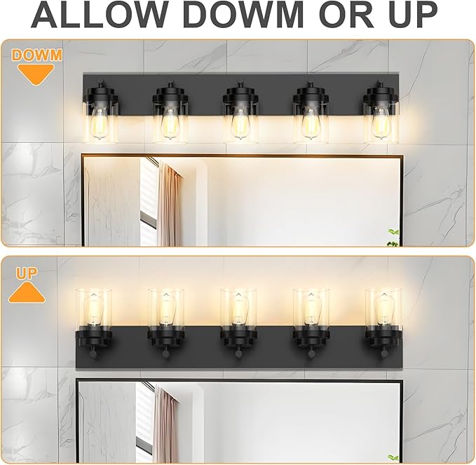 IZORRO Bathroom Vanity Light Fixture, 5-Light 36 Inch Matte Black Bathroom Light Fixtures Over Mirror, with Clear Glass Shade, Modern Farmhouse Vanity Lights, Rustic Restroom Lighting Fixtures