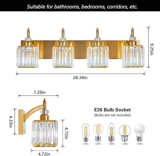 Crystal Vanity Lights Gold 4 Light Bathroom Light Fixtures Over Mirror Modern Vanity Light for Bathroom