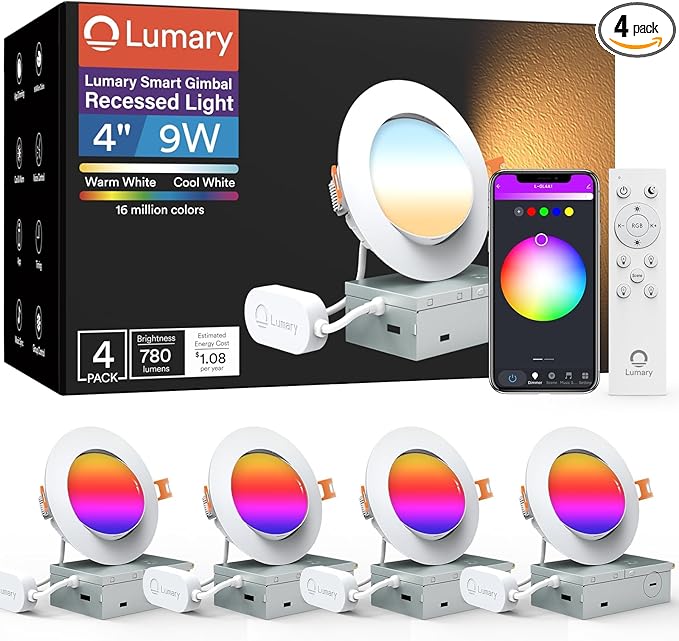 Lumary Smart Gimbal Recessed Lighting 4 Inch with Remote, 355°+20° Adjustable RGBWW WiFi Ceiling Light, Work with Alexa Google, Canless LED Downlight with J-Box, 9W 780LM CRI90, 4 Pack