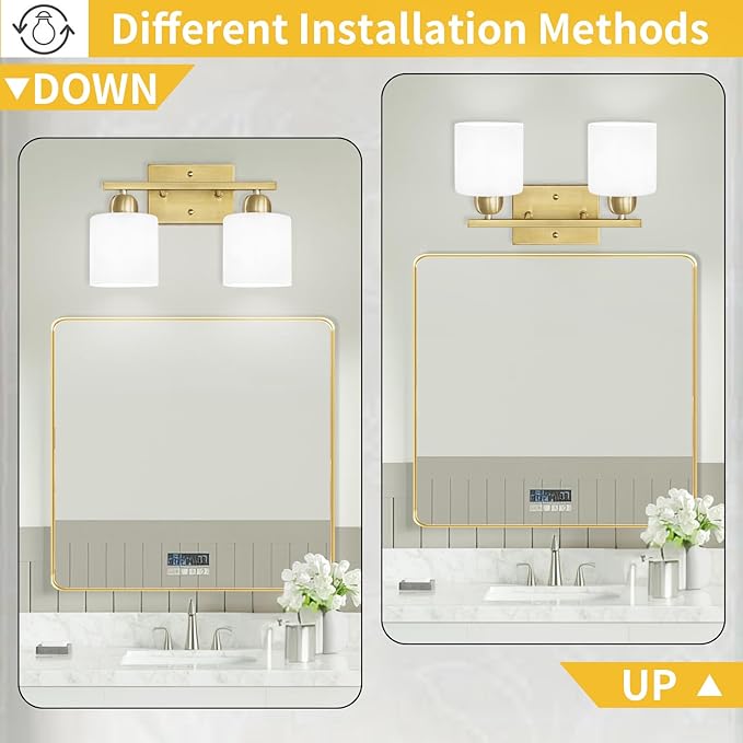 2 Light Bathroom Vanity, Bathroom Lights Over Mirror with Milky White Frosted Glass Shades, Gold Vanity Light for Mirror Living Room Bedroom Hallway E26 Base