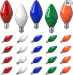 SUNSGNE Christmas Replacement Light Bulbs, C7 LED Ceramic Glass Multicolor Christmas Bulbs, 25 Pack, C7/E12 Candelabra Base, 0.6 Watt
