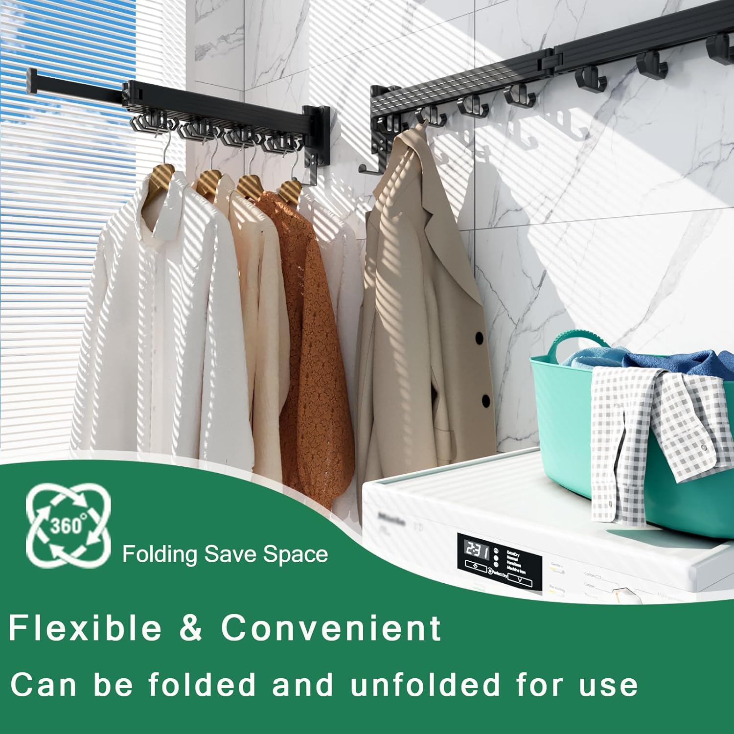 Wall Mount Clothes Drying Rack, Wall Mounted Drying Rack, Upgraded 3-Fold & Sturdy Laundry Drying Rack with 12 Dual-Side Hooks Space Saver for Laundry Room, Apartment, Dorms - Black