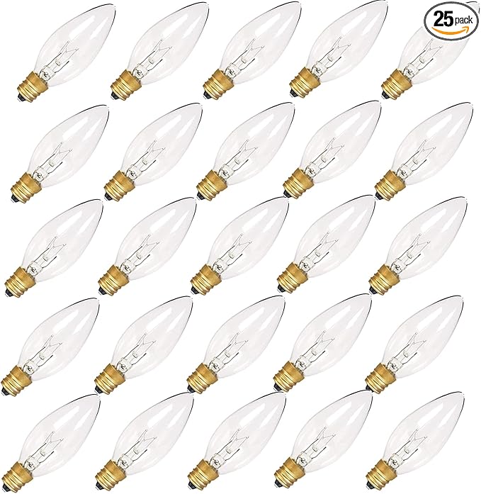 25 Pack Candle Light Bulbs C26 Torpedo Candelabra Bulbs 7 Watt Clear, E12 Base Bulbs for Chandelier Light Night Light Electric Window Candle Lamps ASIN