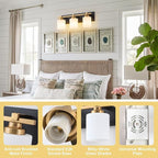 3 Light Modern Bathroom Light Fixtures Over Mirror, Black Gold Vanity Lights for Bathroom Wall Sconces with Milky White Glass Shades, E26 Socket (Bulbs Not Included)