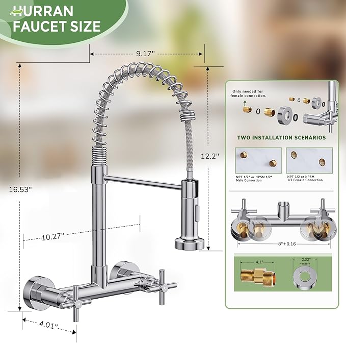 Wall Mount Faucet, Hurran Kitchen Faucet, 8 Inch Utility Sink Faucet with 2 Functions Sprayer, Commercial Kitchen Sink Faucet Dual Handles for Laundry Room Restaurant Compartment Sink (Chrome)