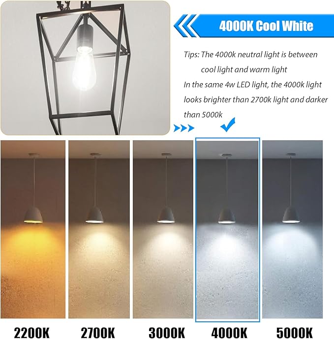 40 Watt Light Bulbs, E26 Bulb, 4000K Cool White 4W LED Edison Bulbs, Flickering Free, 90 High CRI, 450LM, Not Dimmable, Pack of 12