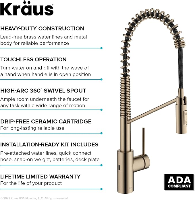 KRAUS Oletto Touchless Sensor Commercial Pull-Down Single Handle Kitchen Faucet with QuickDock Top Mount Assembly in Spot Free Antique Champagne Bronze, KSF-2631SFACB