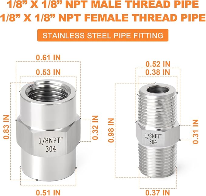 GASHER 4PCS 304 Stainless Steel Pipe Fitting, Hex Nipple Hex Coupling, 1/8" x 1/8" NPT Male Thread Pipe, 1/8Inch x 1/8Inch NPT Female Thread Pipe