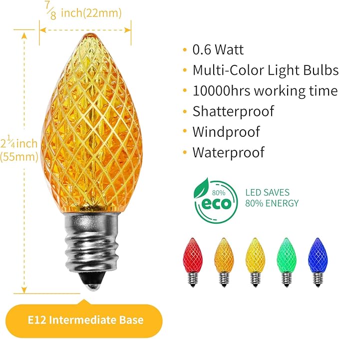 Meconard C7 Led Replacement Christmas Light Bulbs, C7 Shatterproof Led Bulbs for Christmas Indoor Outdoor String Lights, E12 Candelabra Base, Commercial Grade Holiday Bulbs, Multi-Color, 25 Pack