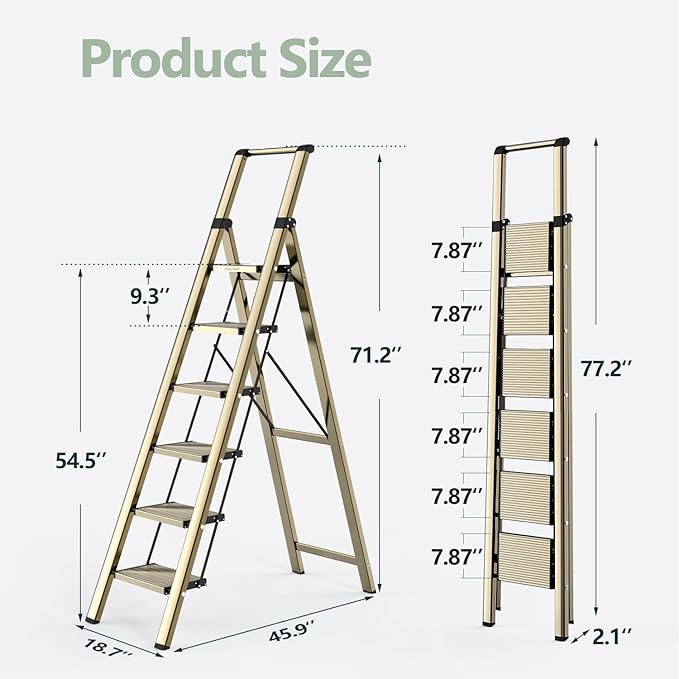 WOA WOA 6 Step Ladder, Lightweight Folding Ladder with Non-Slip Wide Pedals, Ladder with Safe Grip Handle, Easy to Open and Close, Suitable for Home and Outdoor - Brown Gold