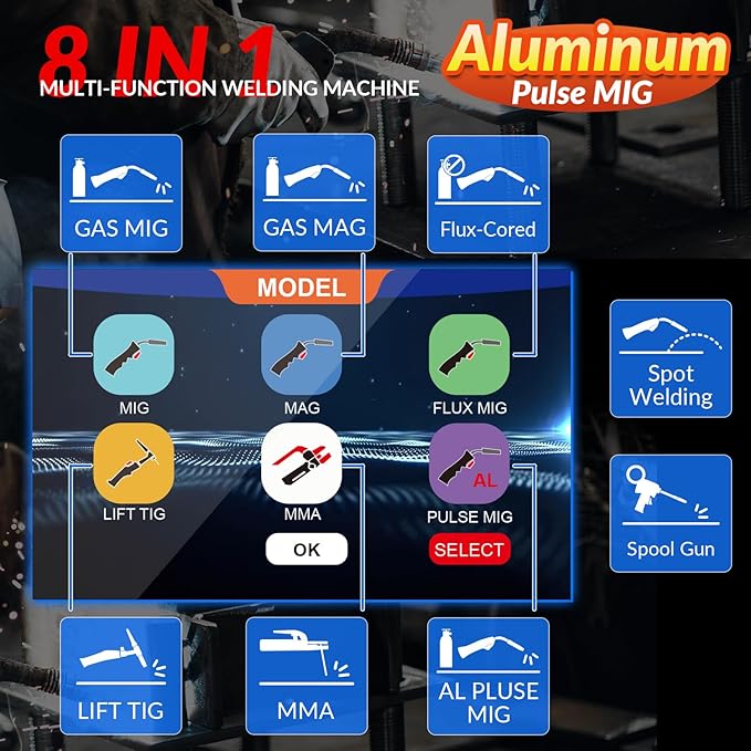 GZ GUOZHI MIG Welder 210A with Pulse, 8 in 1 Gas MIG/MAG/Gasless Flux Core MIG/Lift TIG/Stick/Spot Welding/Spool Gun, Aluminum Welding Machine 110V/220V Dual Voltage Multi-Process Welder LED Display