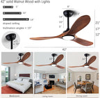 42" Wood Ceiling Fans with Lights and Remote Control,Indoor Outdoor 3 Blades Wooden Ceiling Fan for Garage,Patio,Living Rooms,Bedrooms,Offices,Farmhouse(Black+Dark Walnut)