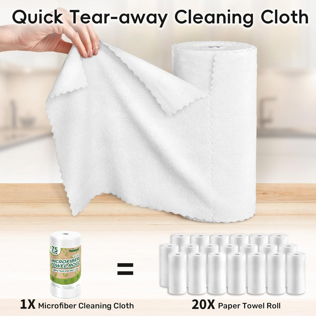 Microfiber Cleaning Cloths Roll, 75 Pack Tear Away Microfiber Towels Roll, 12" x 12" Lint Free Rags, Reusable Cleaning Cloths, Washable, Scratch Free,Ultra Absorbent Dish Rags(White)