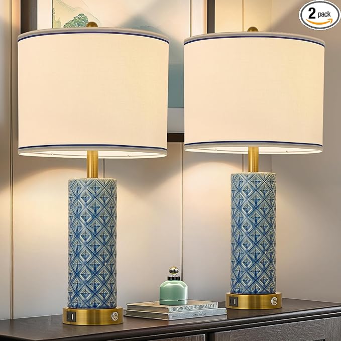 Set of 2 Table Lamp for Living Room Bedroom Farmhouse,26'' Touch Control Bedroom Aqua Blue Ceramic Lamps 3-Way Dimmable Bedside Lamps with USB A+C Ports Linen Shade for Home