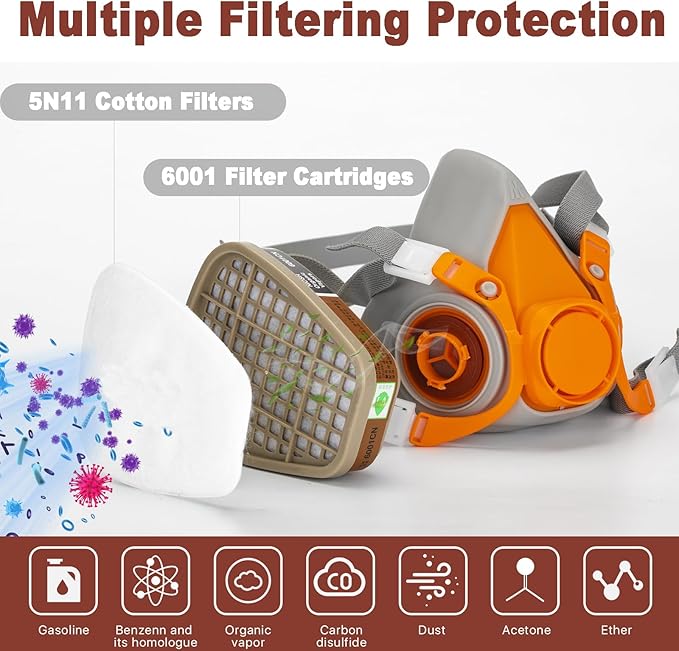 RANKSING Respirator Mask with Filters and Glasses to Against Dust Gases Fumes in Painting Spraying Sanding Orange/Pink