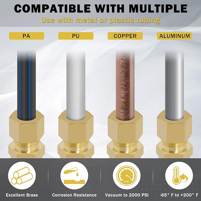 53 Pcs Brass Compression Fittings Assortment Kit, 1/8" 3/16" 1/4" 3/8" 1/2" OD Tube & NPT Thread Compression Union Fittings Connectors & Compression Sleeves Ferrules