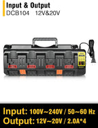 DCB104 20V MAX Battery Charger Replacement for Dewalt Battery Charger, 4 Port Multi Charger Station with 2 USB Ports, Compatible with Dewalt 12V-20V Batteries