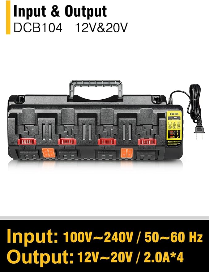DCB104 20V MAX Battery Charger Replacement for Dewalt Battery Charger, 4 Port Multi Charger Station with 2 USB Ports, Compatible with Dewalt 12V-20V Batteries