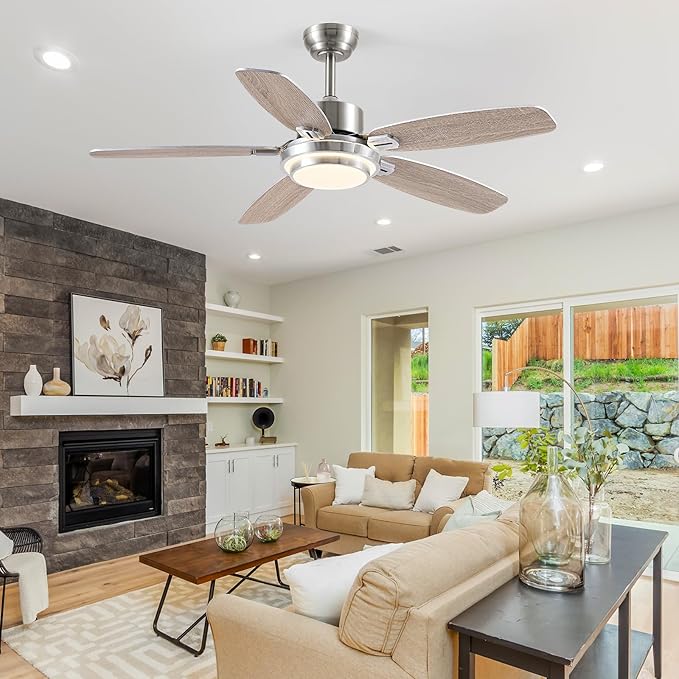50inch Brushed Nickel Ceiling Fan with Light - Quiet Reversible DC Motor 5 Dual-Finish Blades Dimmable 3-Color LED for Bedroom Living Room Indoor