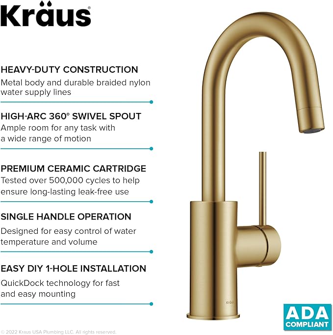 KRAUS Oletto Single Handle Kitchen Bar Faucet with QuickDock Top Mount Assembly in Brushed Brass, KPF-2600BB