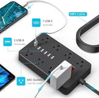 10ft Extension Cord Long Power Strip,AOFO 8 Widely-Spaced Outlets & 6 USB（1 USB C） Ports Flat Plug Power Strip,Power Cord for Wall Mountable and Desktop Black