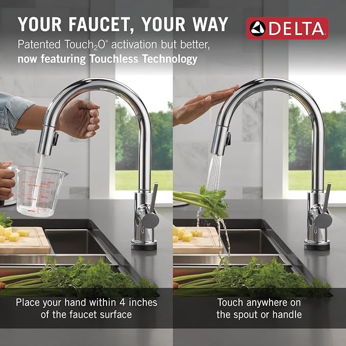 Delta Trinsic Touchless Kitchen Faucet with Touch Technology, Chrome Kitchen Sink Faucet with Pull Down Sprayer, Single Hole, Chrome 9159TL-DST