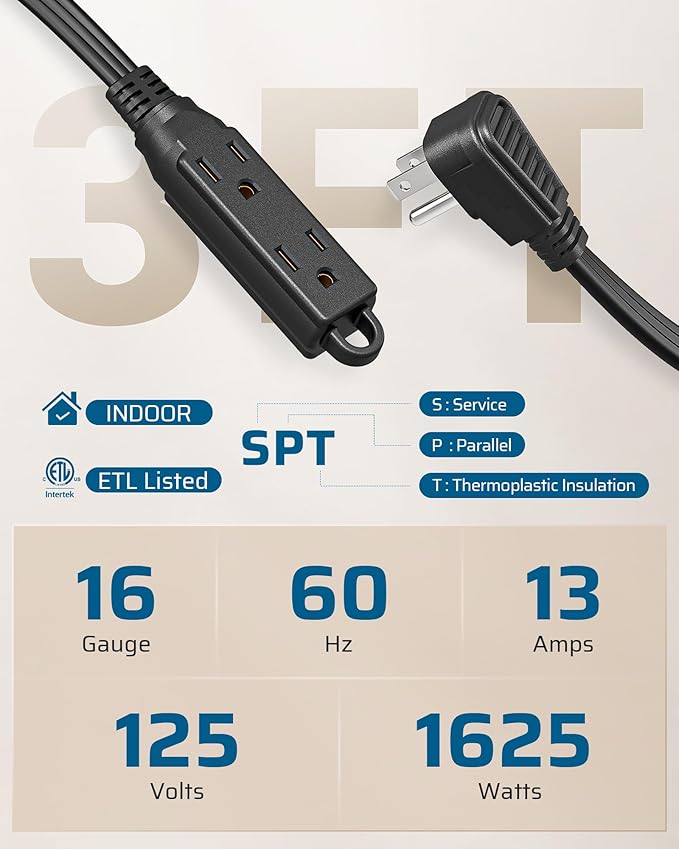 DEWENWILS 3 Outlet Extension Cord with Flat Plug, 3FT 16/3 Awg Grounded Power Cable for Indoor Use, SPT-3 Cord, Black, ETL Listed, 2 Pack…